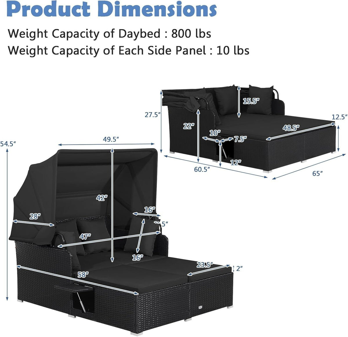 Patio Rattan Daybed with Retractable Canopy and Side Tables-Black view 5