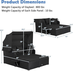 Patio Rattan Daybed with Retractable Canopy and Side Tables-Black view 5