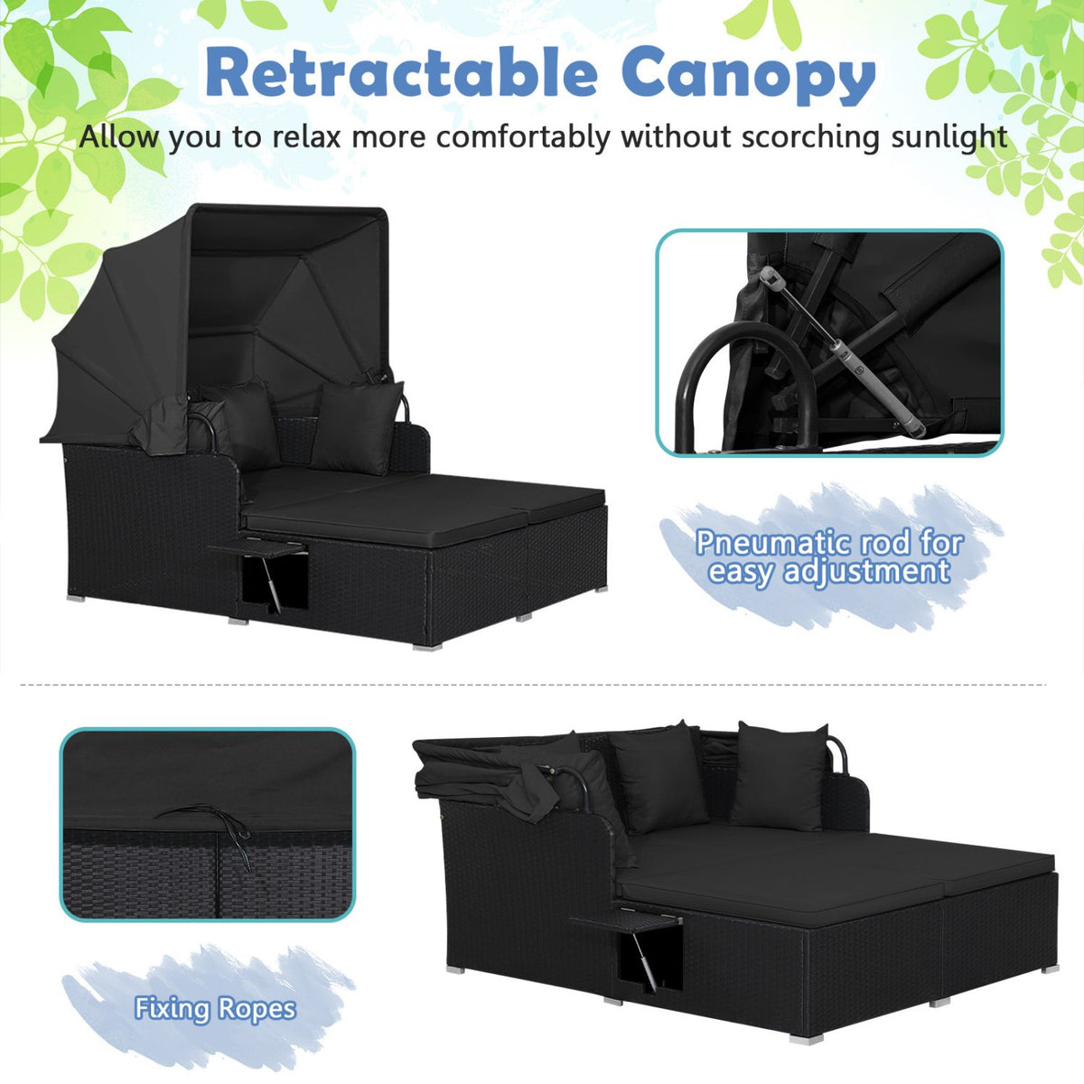 Patio Rattan Daybed with Retractable Canopy and Side Tables-Black view 6