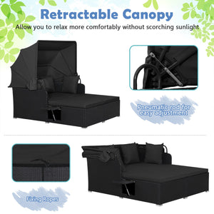 Patio Rattan Daybed with Retractable Canopy and Side Tables-Black view 6