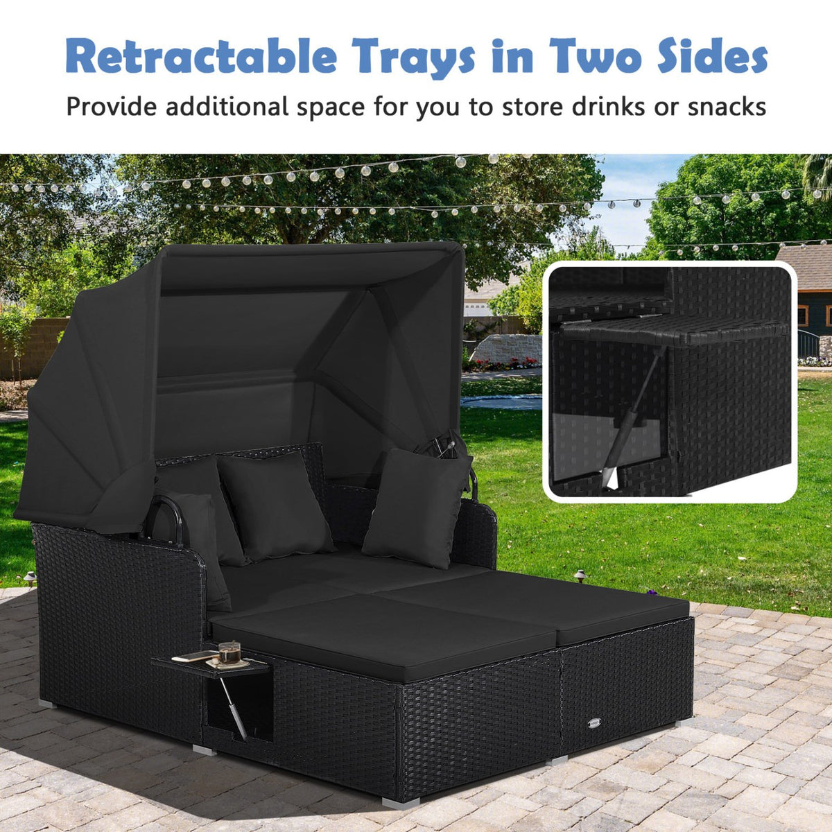 Patio Rattan Daybed with Retractable Canopy and Side Tables-Black view 8