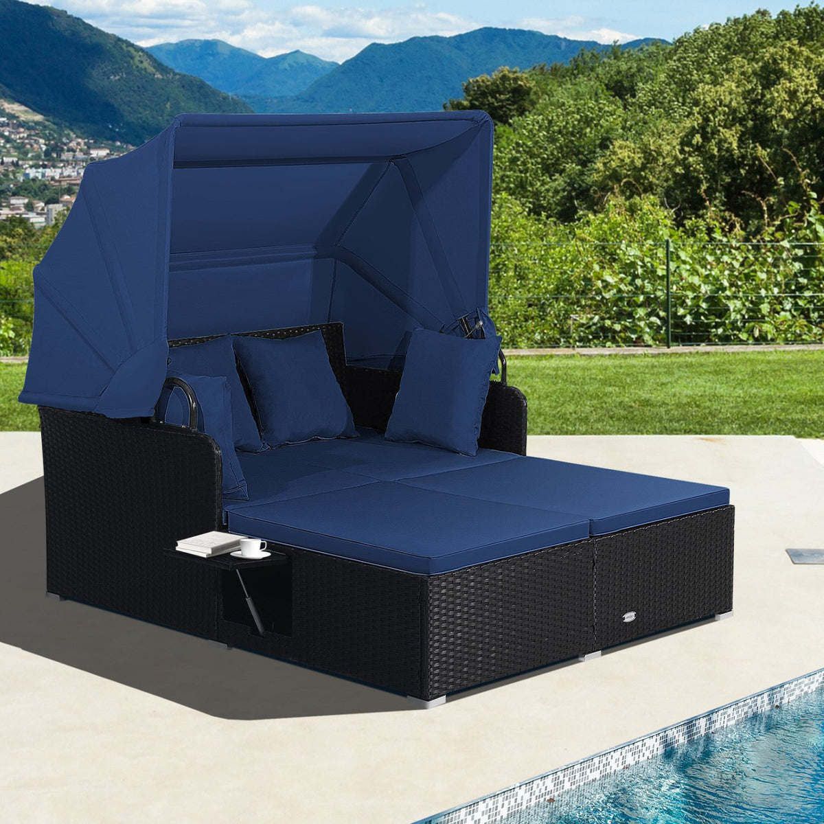 Patio Rattan Daybed with Retractable Canopy and Side Tables-Navy view 2