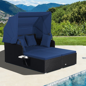 Patio Rattan Daybed with Retractable Canopy and Side Tables-Navy view 2