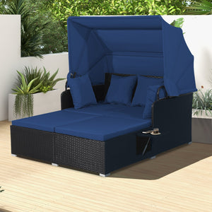Patio Rattan Daybed with Retractable Canopy and Side Tables-Navy view 3