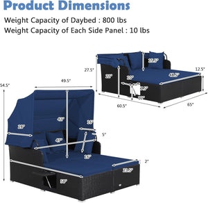 Patio Rattan Daybed with Retractable Canopy and Side Tables-Navy view 5