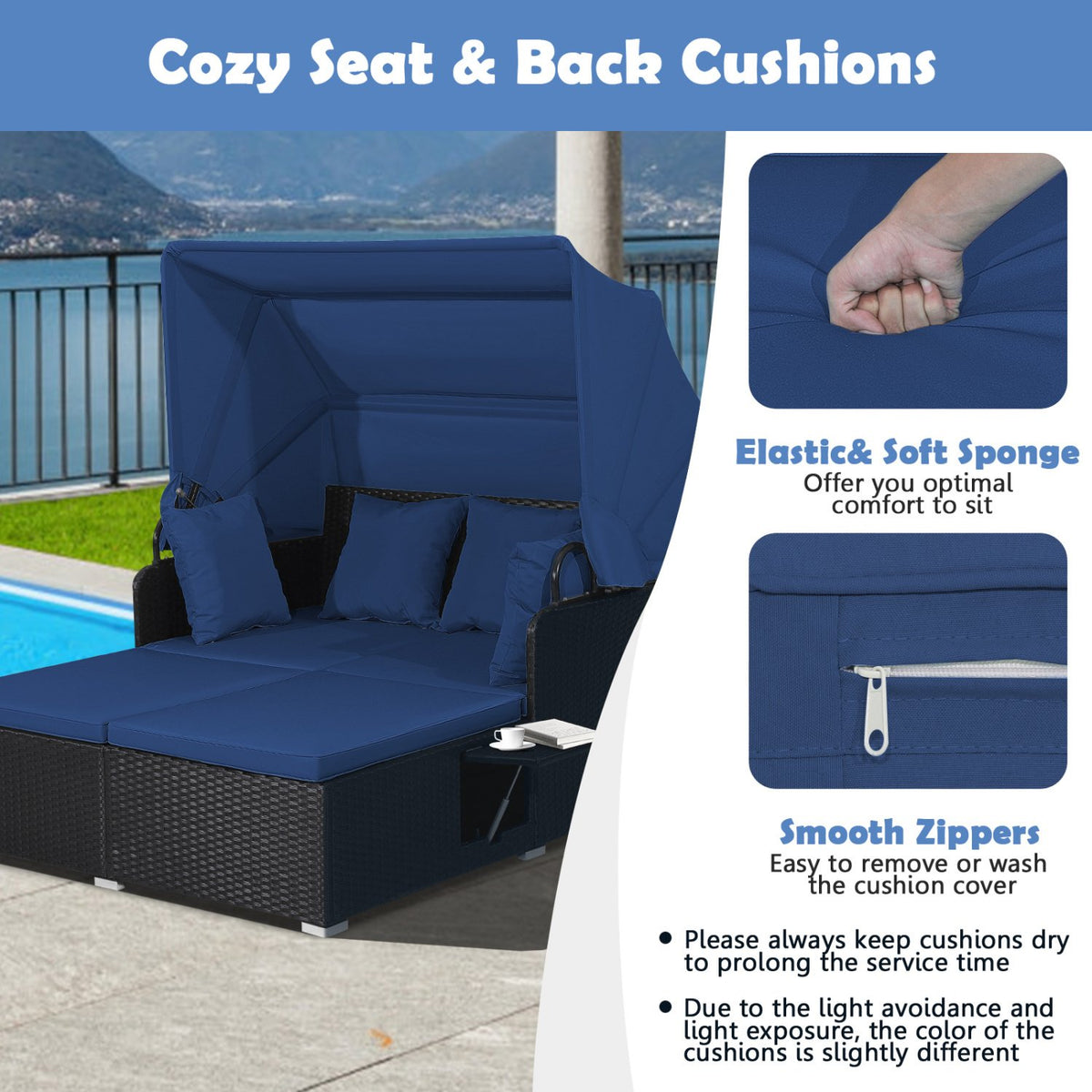 Patio Rattan Daybed with Retractable Canopy and Side Tables-Navy view 7