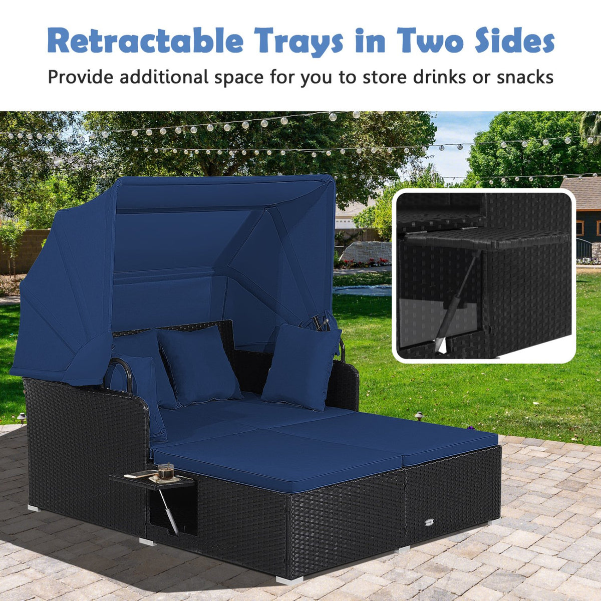 Patio Rattan Daybed with Retractable Canopy and Side Tables-Navy view 8