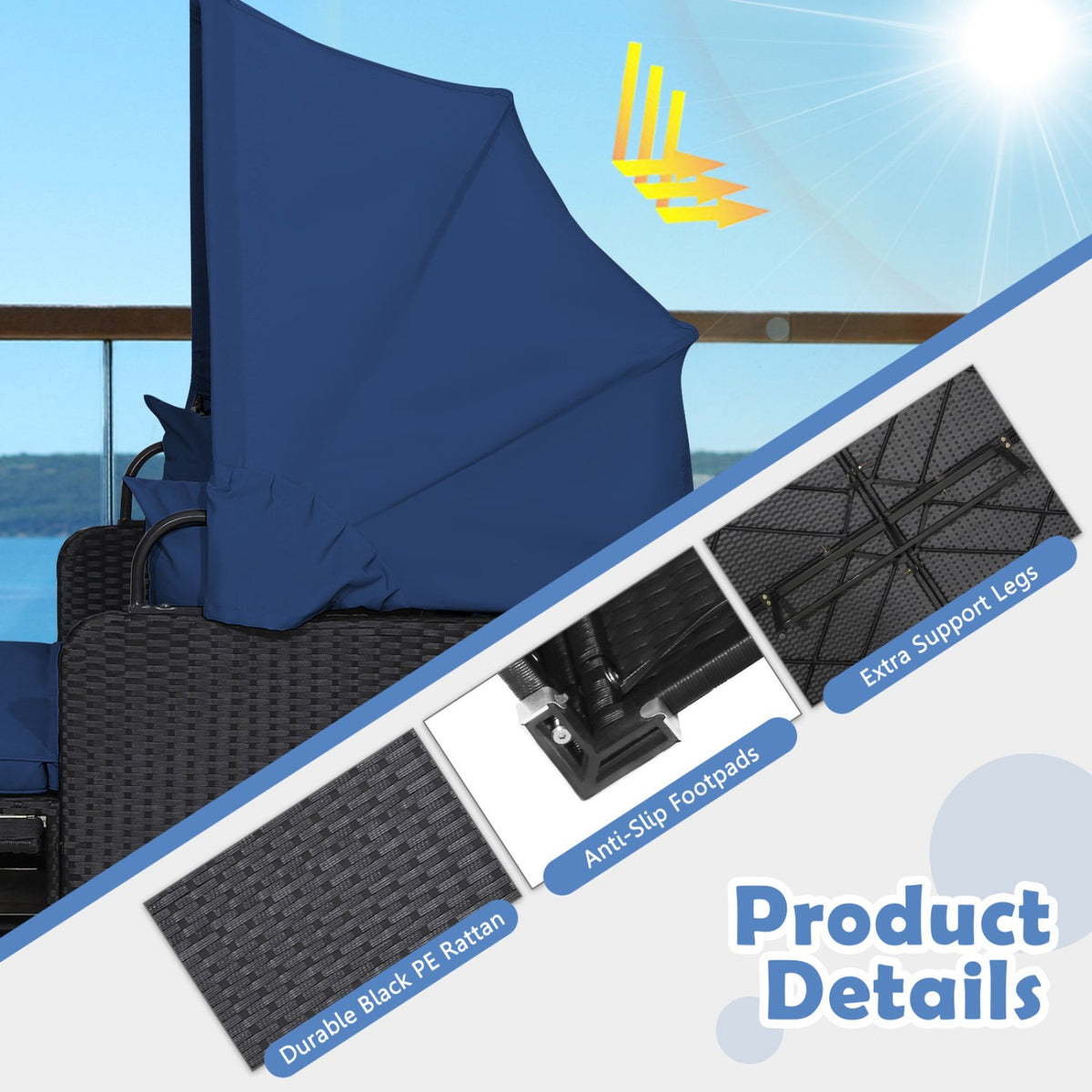 Patio Rattan Daybed with Retractable Canopy and Side Tables-Navy view 9