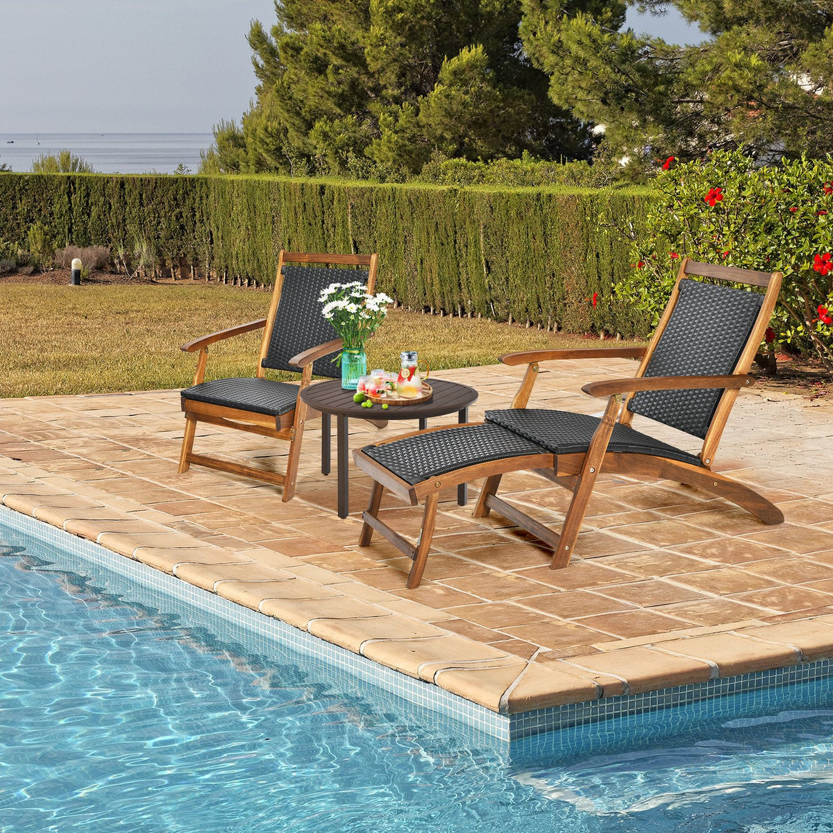 Patio Rattan Folding Lounge Chair with Acacia Wooden Frame Retractable Footrest Set of 2 view 2