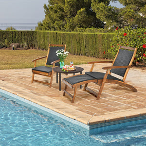 Patio Rattan Folding Lounge Chair with Acacia Wooden Frame Retractable Footrest Set of 2 view 2