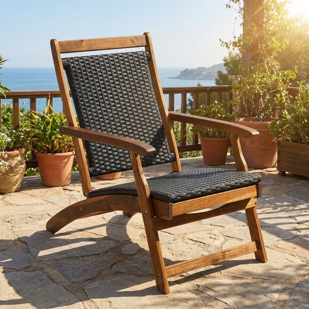 Patio Rattan Folding Lounge Chair with Acacia Wooden Frame Retractable Footrest Set of 2 view 3
