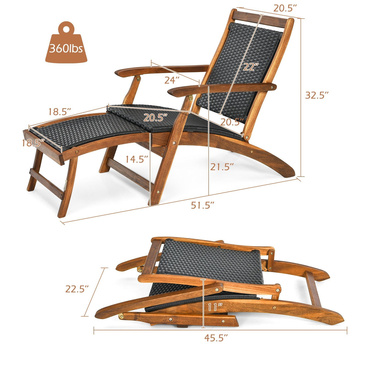 Patio Rattan Folding Lounge Chair with Acacia Wooden Frame Retractable Footrest Set of 2 view 4