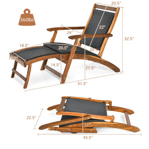 Patio Rattan Folding Lounge Chair with Acacia Wooden Frame Retractable Footrest Set of 2 view 4