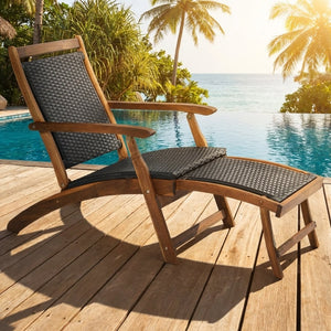 Patio Rattan Folding Lounge Chair with Acacia Wooden Frame Retractable Footrest Set of 2 view 5