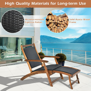 Patio Rattan Folding Lounge Chair with Acacia Wooden Frame Retractable Footrest Set of 2 view 6