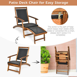 Patio Rattan Folding Lounge Chair with Acacia Wooden Frame Retractable Footrest Set of 2 view 7