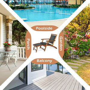Patio Rattan Folding Lounge Chair with Acacia Wooden Frame Retractable Footrest Set of 2 view 8