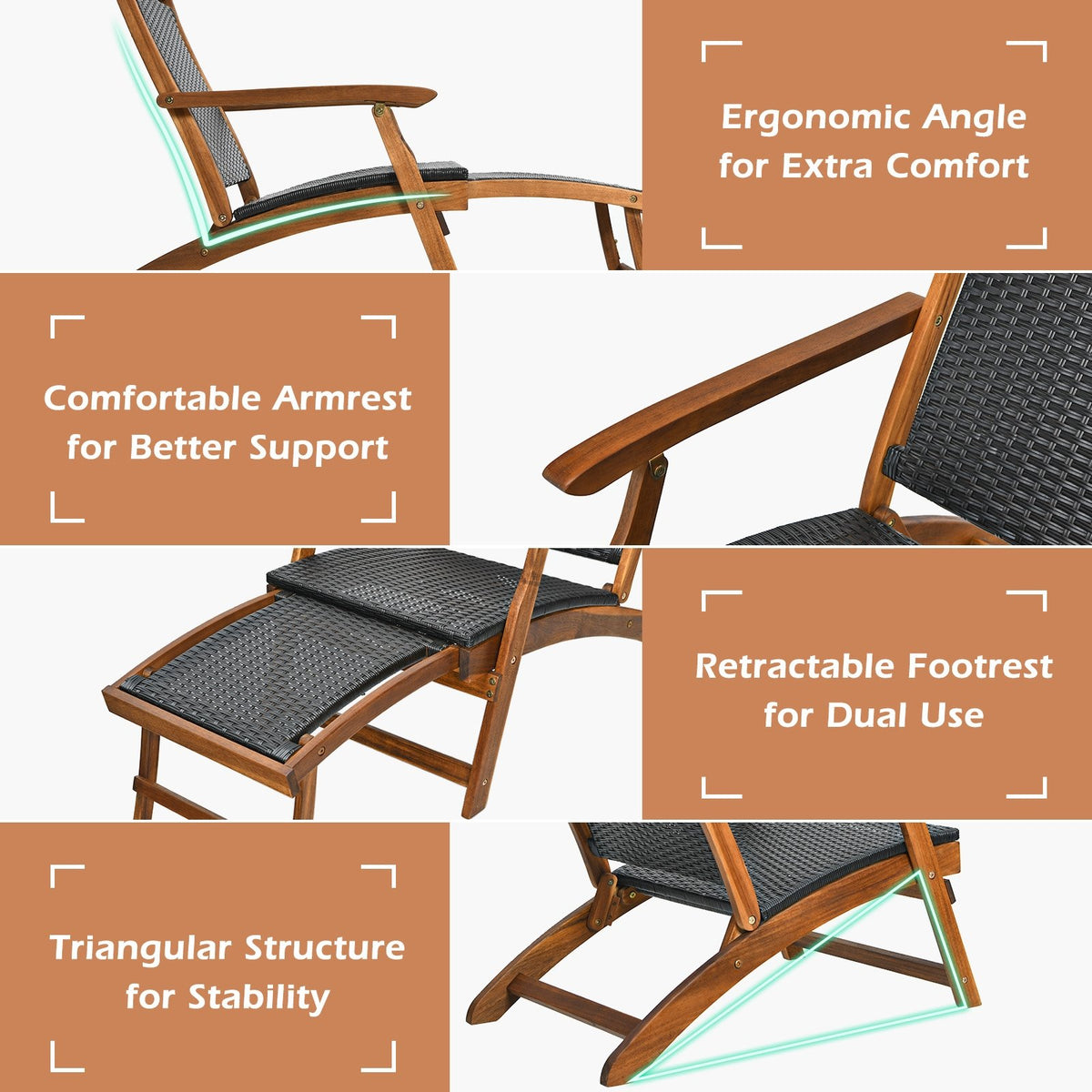 Patio Rattan Folding Lounge Chair with Acacia Wooden Frame Retractable Footrest Set of 2 view 9