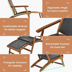 Patio Rattan Folding Lounge Chair with Acacia Wooden Frame Retractable Footrest Set of 2 view 9