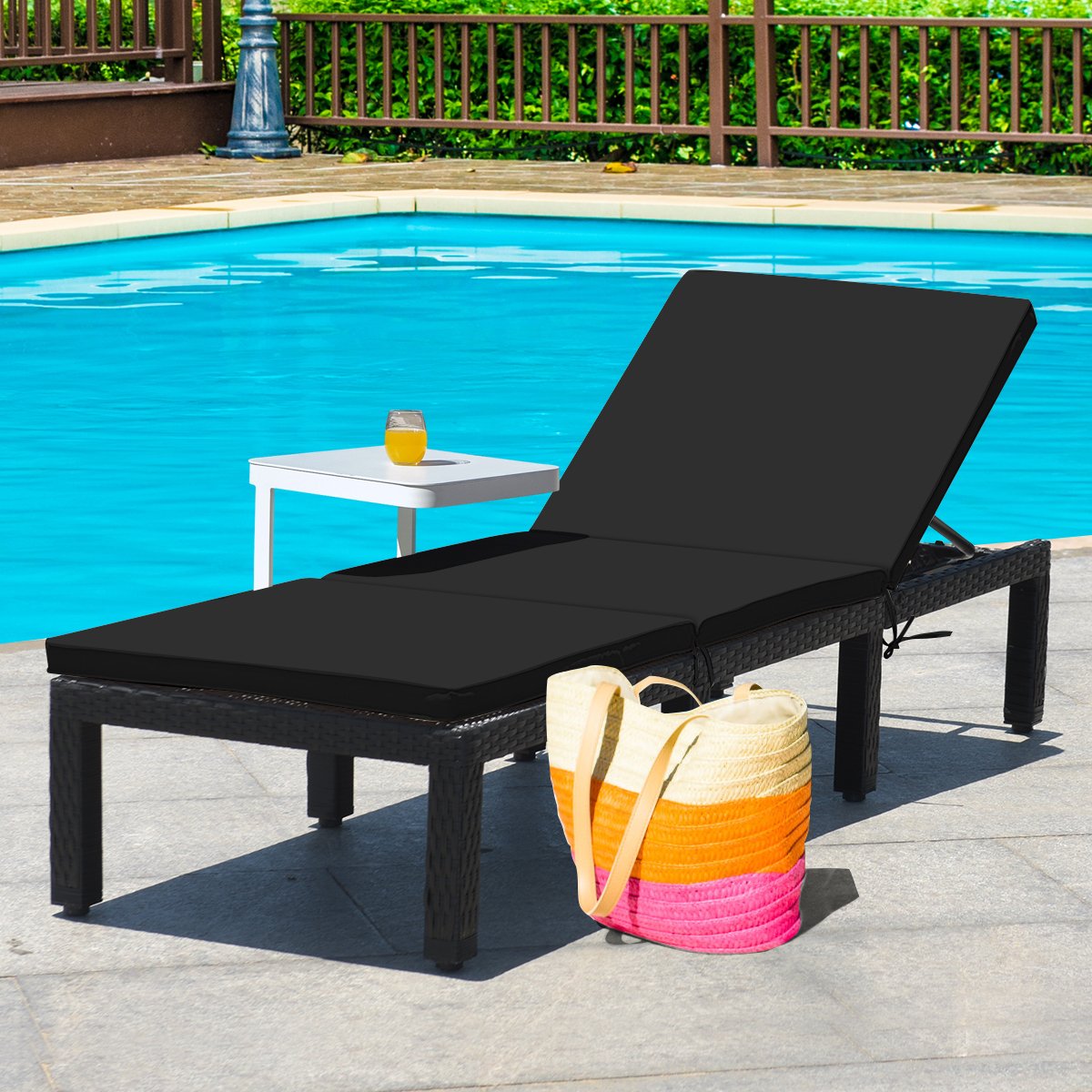 Patio Rattan Height Adjustable Lounge Chair with 2 Set of Cushion Cover-Black & Turquoise view 2