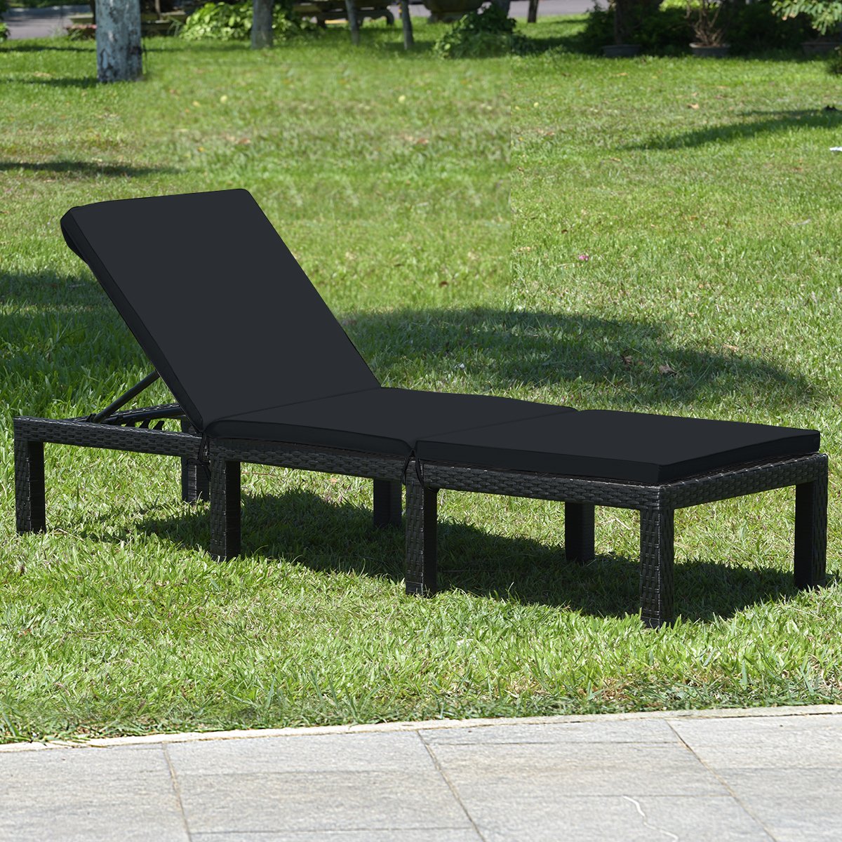 Patio Rattan Height Adjustable Lounge Chair with 2 Set of Cushion Cover-Black & Turquoise view 3