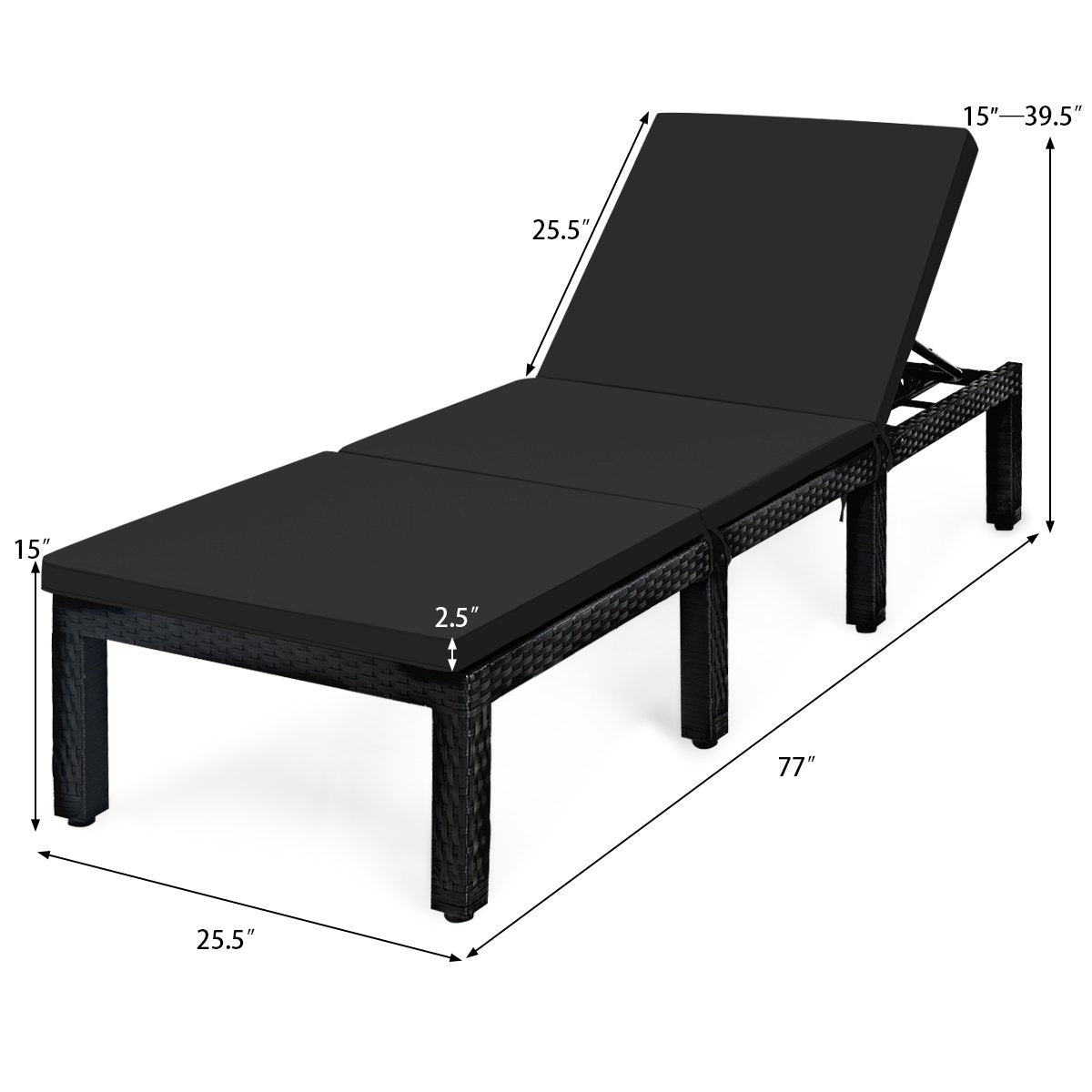 Patio Rattan Height Adjustable Lounge Chair with 2 Set of Cushion Cover-Black & Turquoise view 5