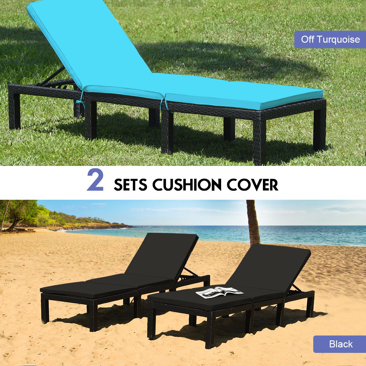 Patio Rattan Height Adjustable Lounge Chair with 2 Set of Cushion Cover-Black & Turquoise view 7