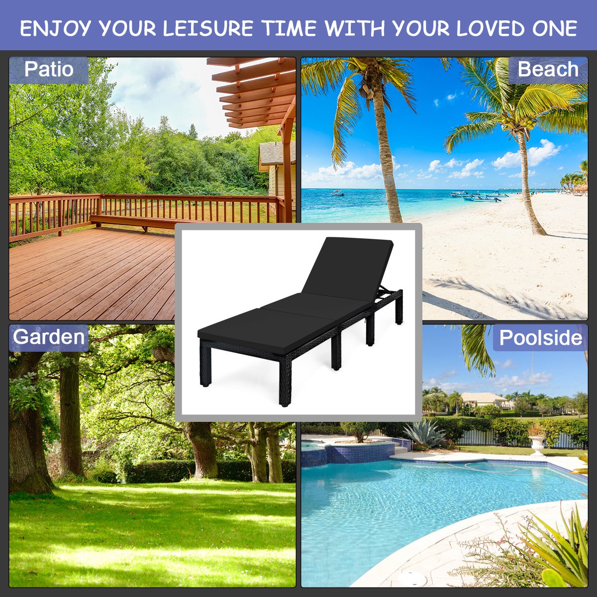 Patio Rattan Height Adjustable Lounge Chair with 2 Set of Cushion Cover-Black & Turquoise view 9