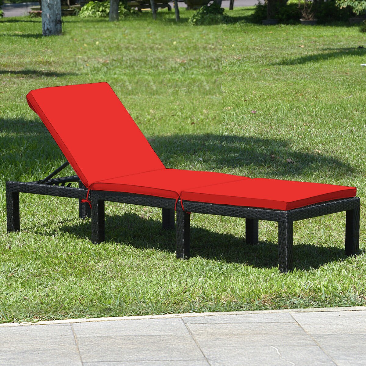 Patio Rattan Height Adjustable Lounge Chair with 2 Set of Cushion Cover-Red & Off White view 3