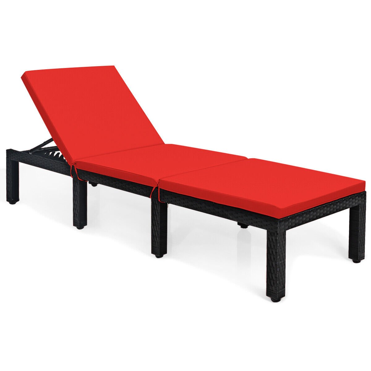 Patio Rattan Height Adjustable Lounge Chair with 2 Set of Cushion Cover-Red & Off White view 4