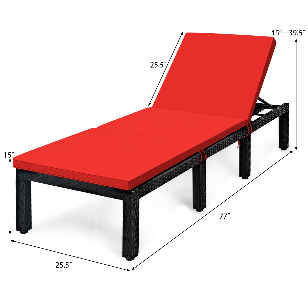 Patio Rattan Height Adjustable Lounge Chair with 2 Set of Cushion Cover-Red & Off White view 5