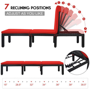 Patio Rattan Height Adjustable Lounge Chair with 2 Set of Cushion Cover-Red & Off White view 6