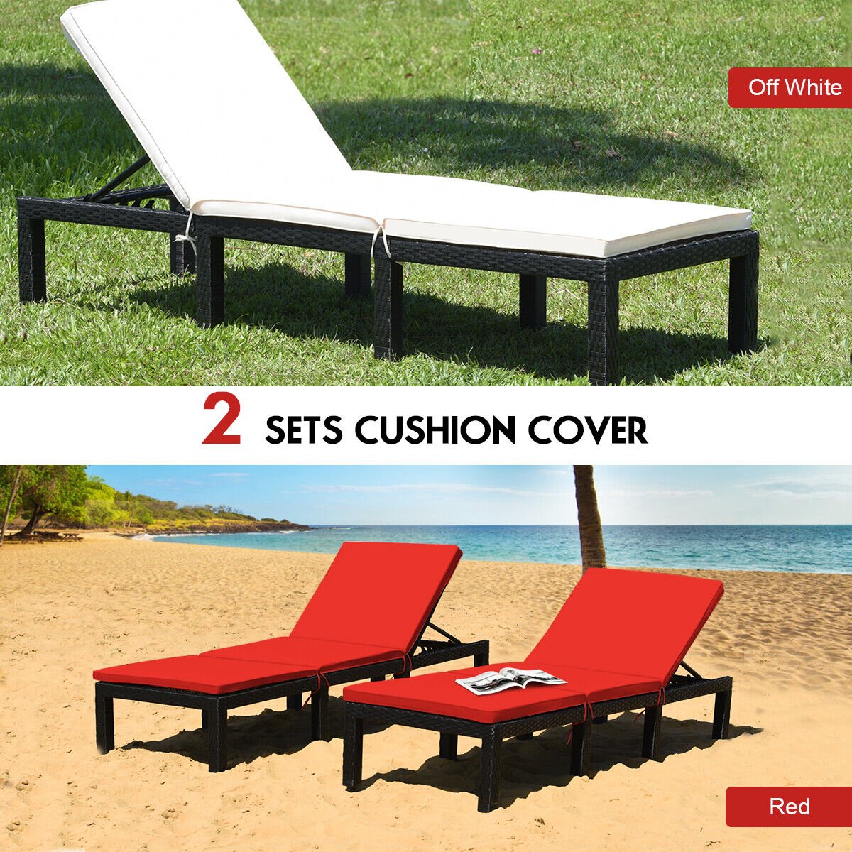 Patio Rattan Height Adjustable Lounge Chair with 2 Set of Cushion Cover-Red & Off White view 7
