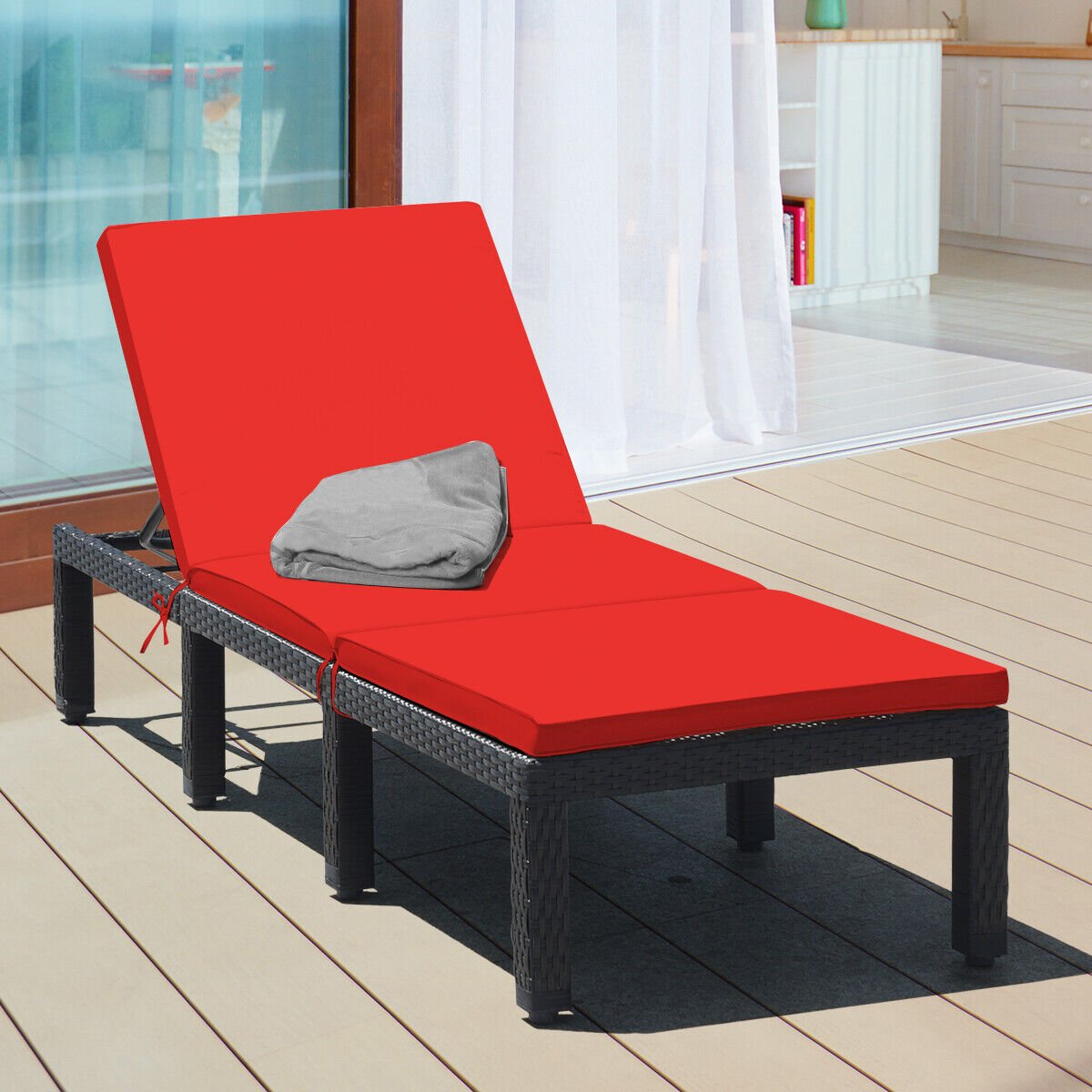 Patio Rattan Height Adjustable Lounge Chair with 2 Set of Cushion Cover-Red & Off White view 9