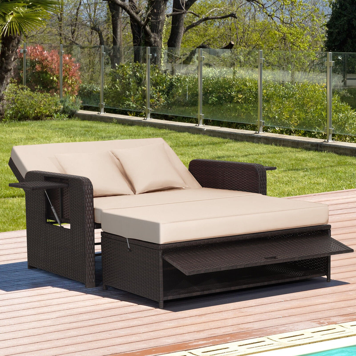 Patio Rattan Daybed with 4-Level Adjustable Backrest and Retractable Side Tray-Brown view 3