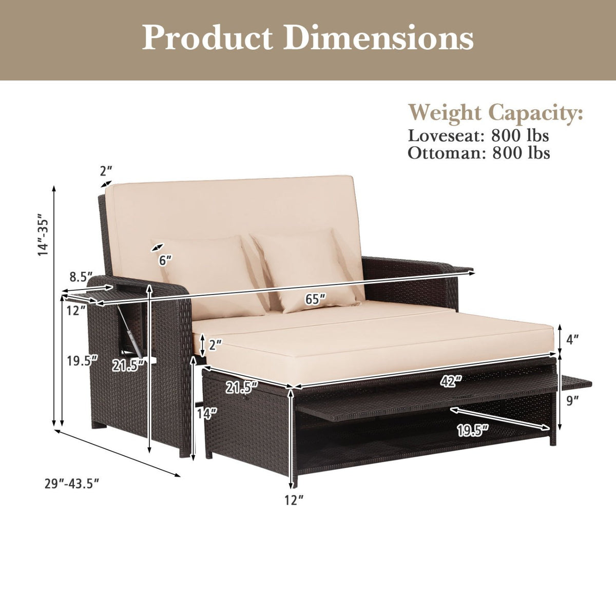 Patio Rattan Daybed with 4-Level Adjustable Backrest and Retractable Side Tray-Brown view 4