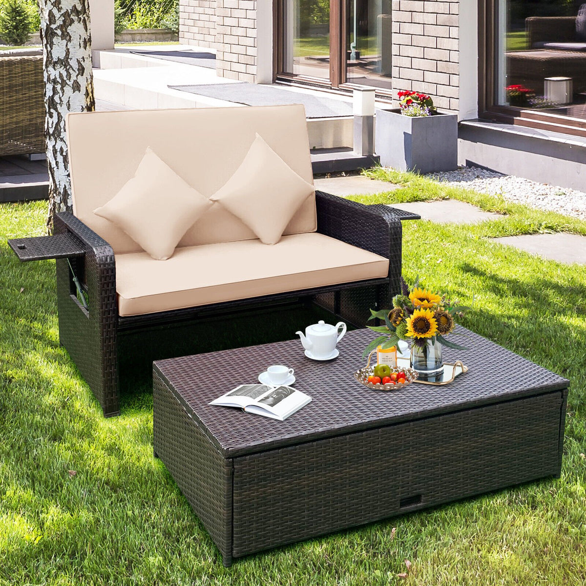Patio Rattan Daybed with 4-Level Adjustable Backrest and Retractable Side Tray-Brown view 5