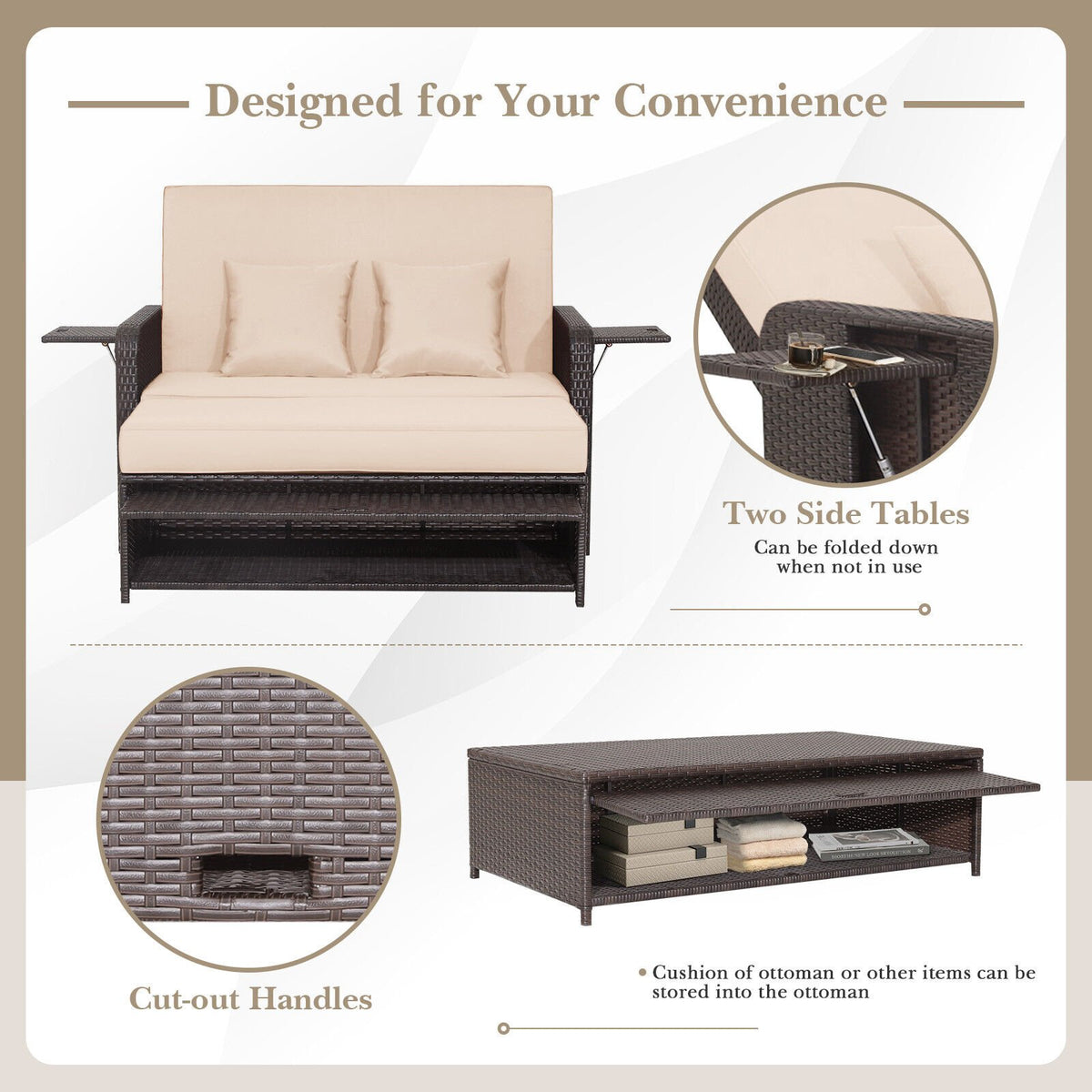 Patio Rattan Daybed with 4-Level Adjustable Backrest and Retractable Side Tray-Brown view 6