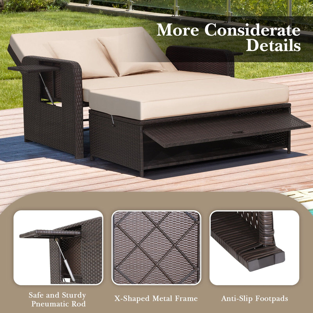 Patio Rattan Daybed with 4-Level Adjustable Backrest and Retractable Side Tray-Brown view 8