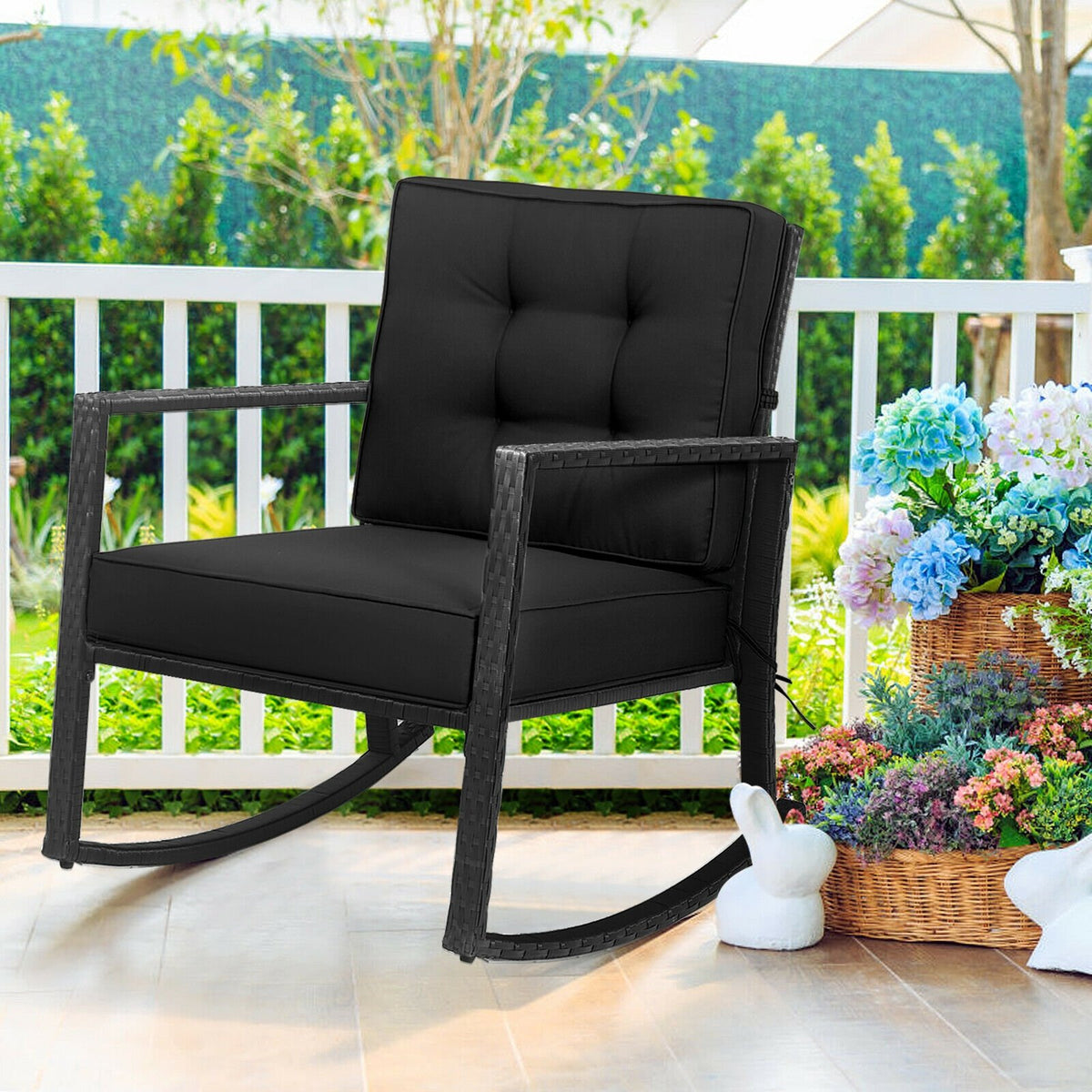 Patio Rattan Rocker Outdoor Glider Rocking Chair Cushion Lawn-Black view 2