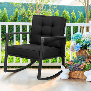 Patio Rattan Rocker Outdoor Glider Rocking Chair Cushion Lawn-Black view 2