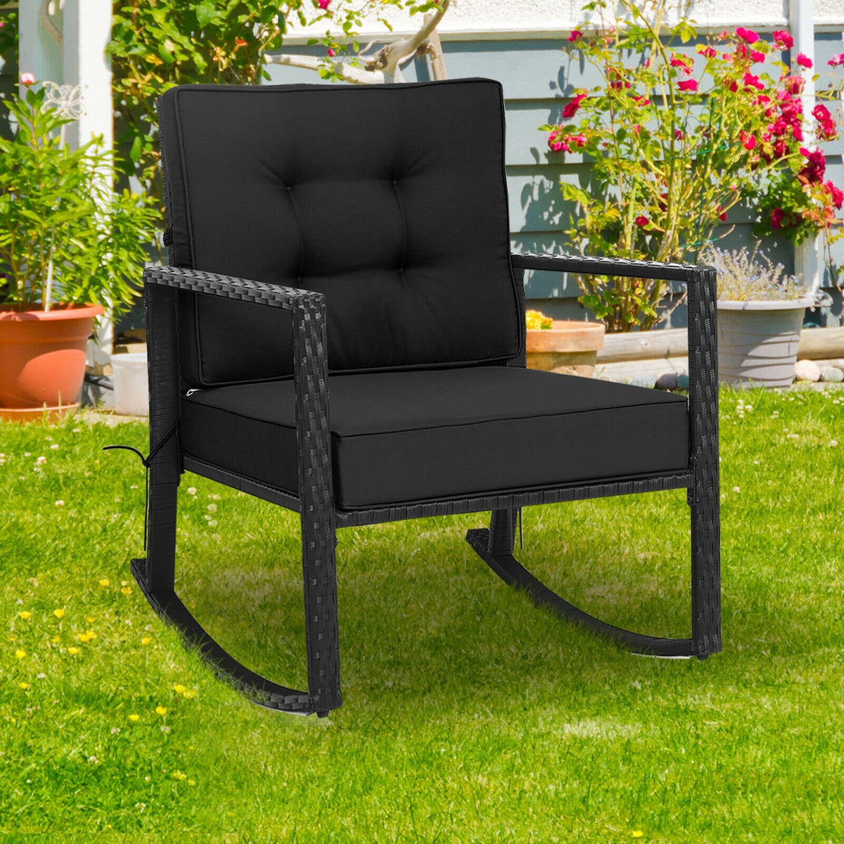 Patio Rattan Rocker Outdoor Glider Rocking Chair Cushion Lawn-Black view 3