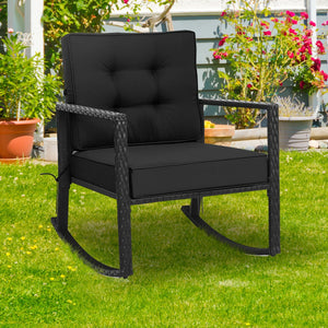 Patio Rattan Rocker Outdoor Glider Rocking Chair Cushion Lawn-Black view 3