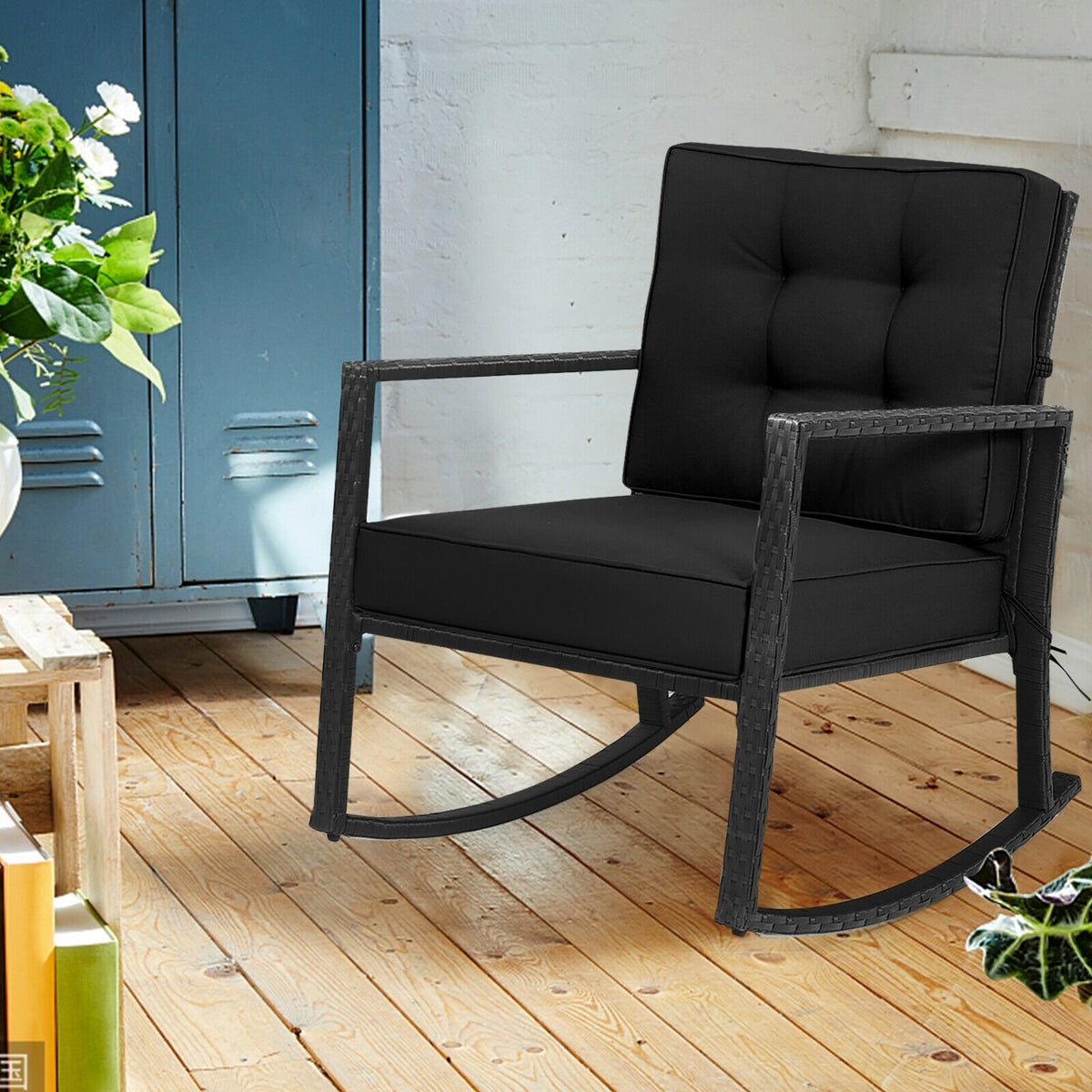 Patio Rattan Rocker Outdoor Glider Rocking Chair Cushion Lawn-Black view 6