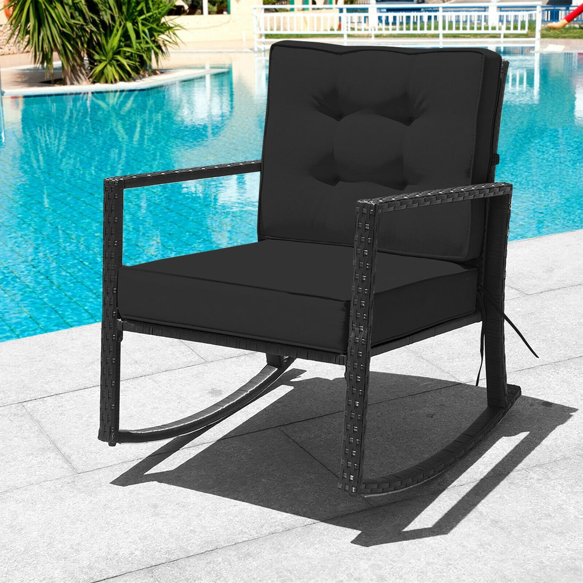 Patio Rattan Rocker Outdoor Glider Rocking Chair Cushion Lawn-Black view 7