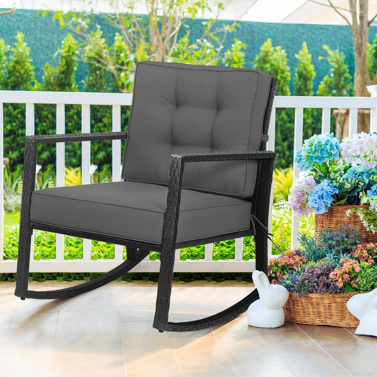 Patio Rattan Rocker Outdoor Glider Rocking Chair Cushion Lawn-Gray view 2