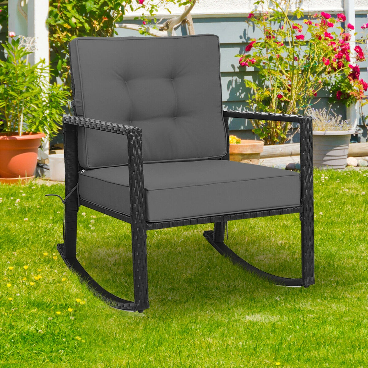 Patio Rattan Rocker Outdoor Glider Rocking Chair Cushion Lawn-Gray view 3