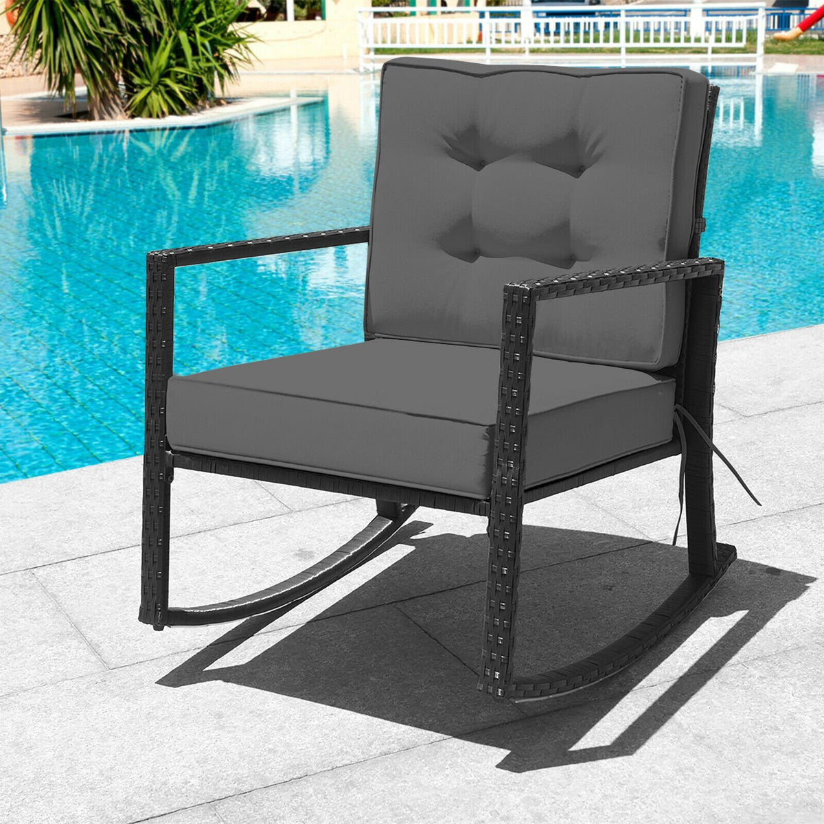 Patio Rattan Rocker Outdoor Glider Rocking Chair Cushion Lawn-Gray view 7