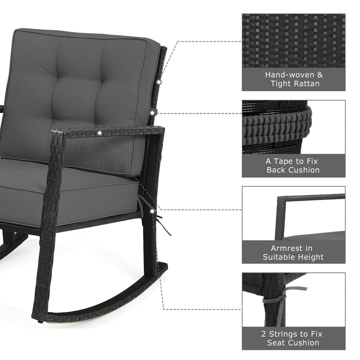 Patio Rattan Rocker Outdoor Glider Rocking Chair Cushion Lawn-Gray view 9
