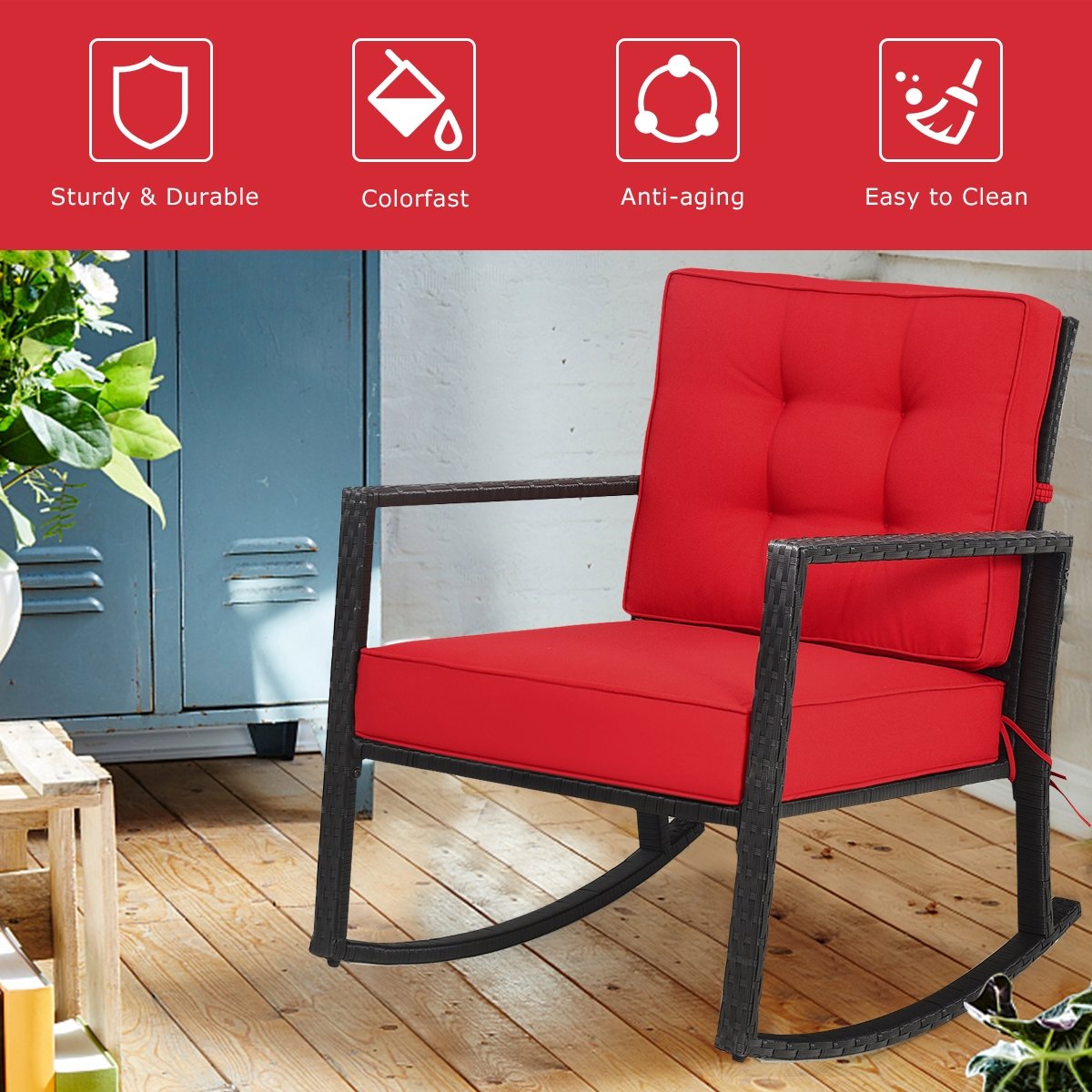 Patio Rattan Rocker Outdoor Glider Rocking Chair Cushion Lawn-Red view 3